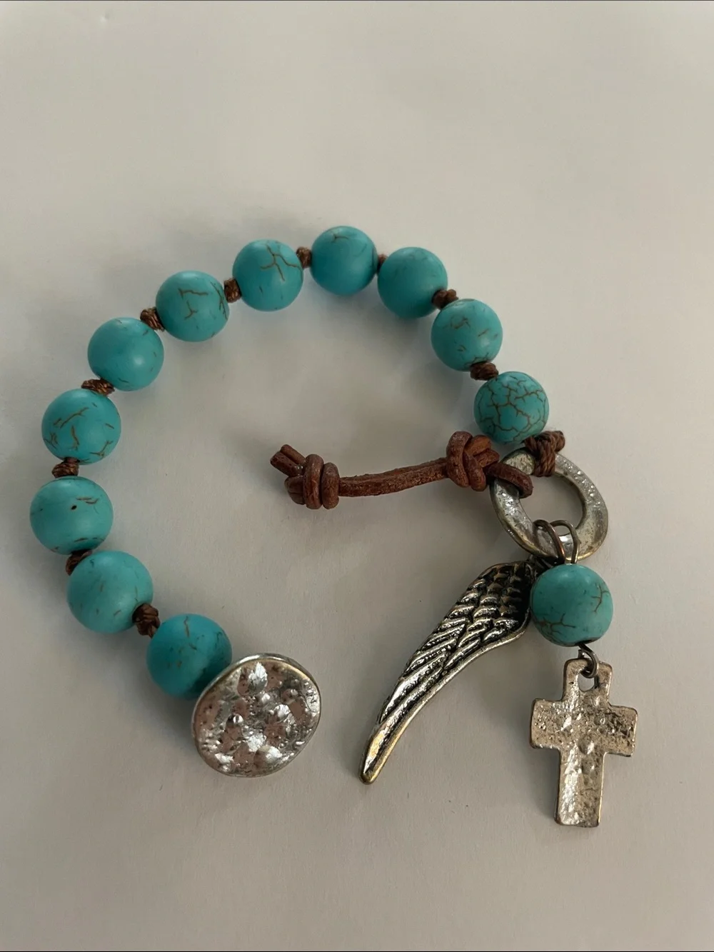 Turquoise Beaded Bracelet-Angel Wing/Cross Silver/Leather X/S
